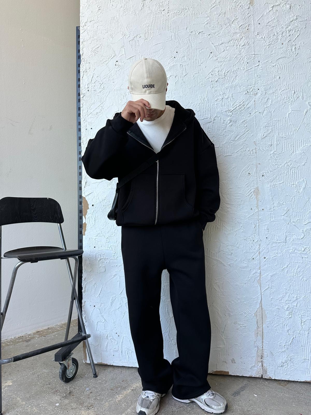 Siyah Oversize Basic Zip Hoodie