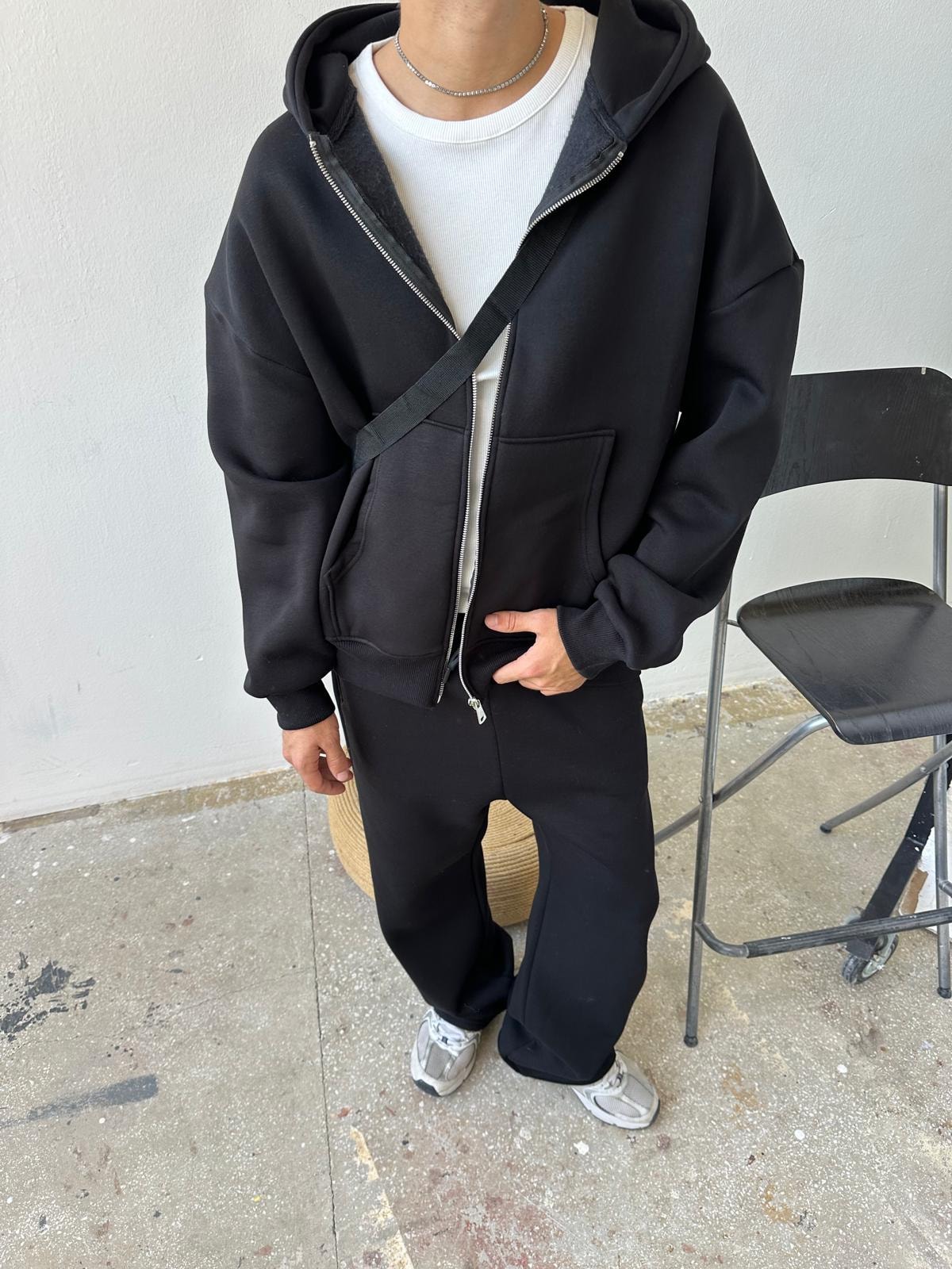 Siyah Oversize Basic Zip Hoodie