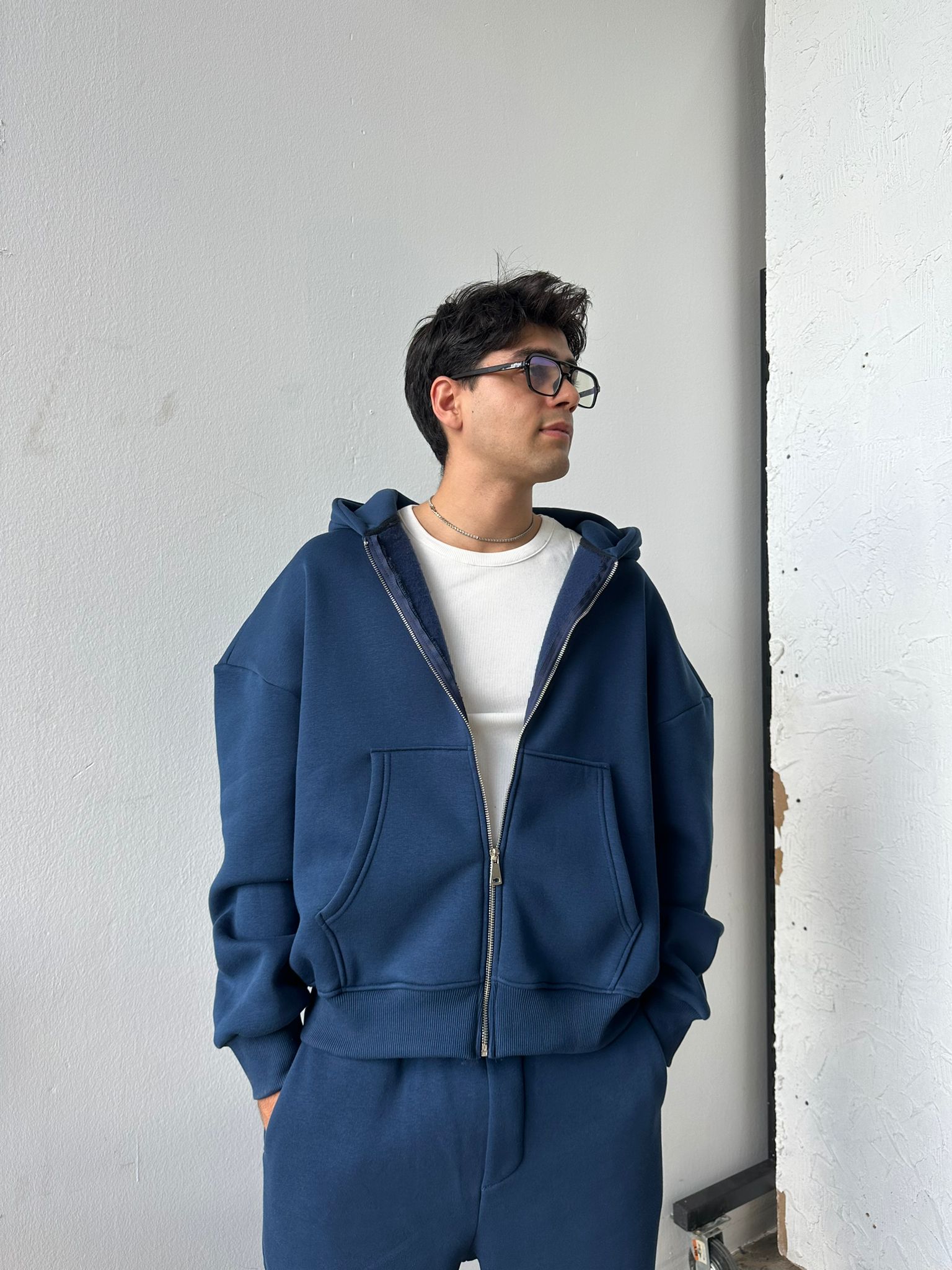 İndigo Mavisi Oversize Basic Zip Hoodie