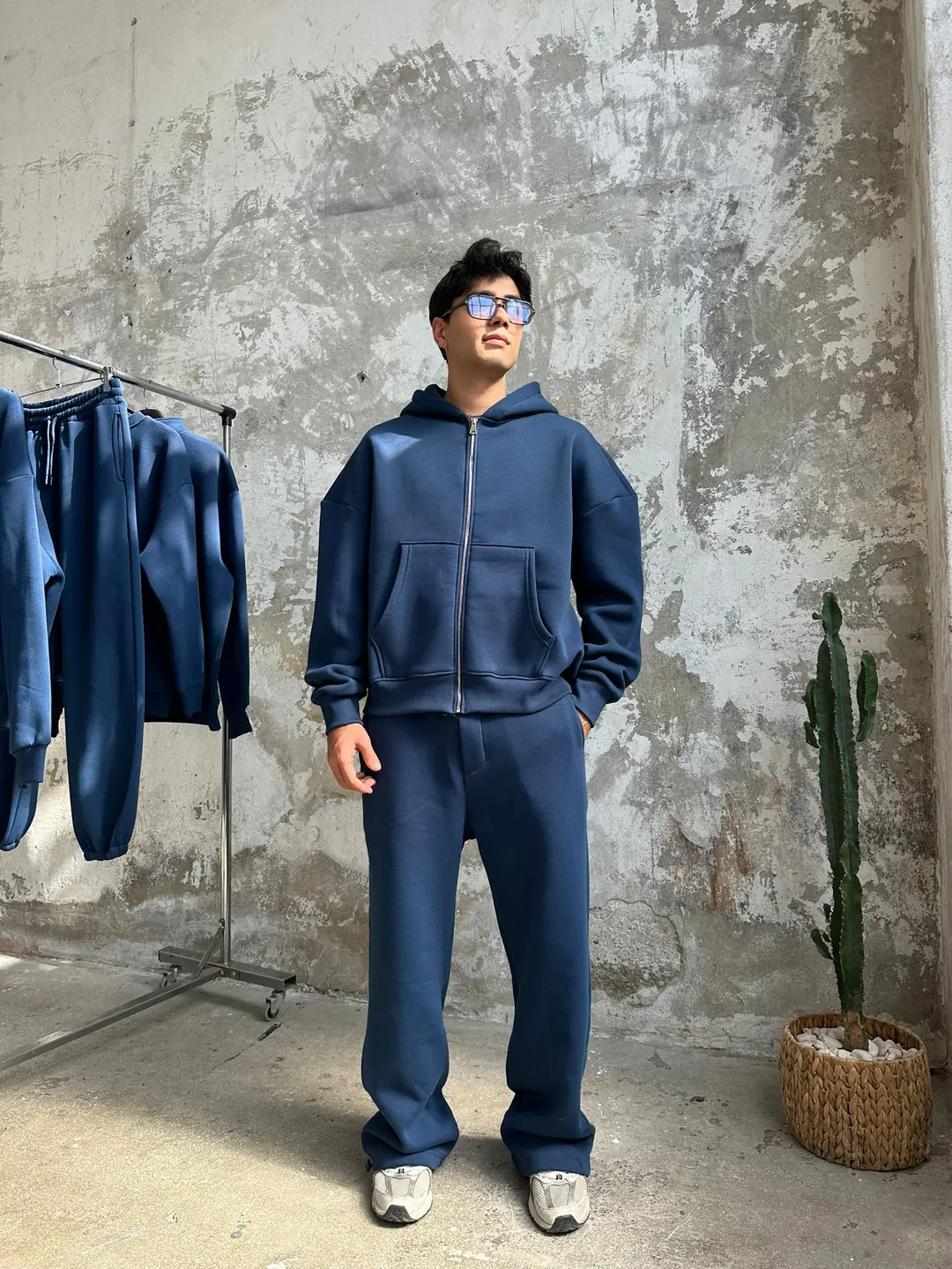 İndigo Mavisi Oversize Basic Zip Hoodie