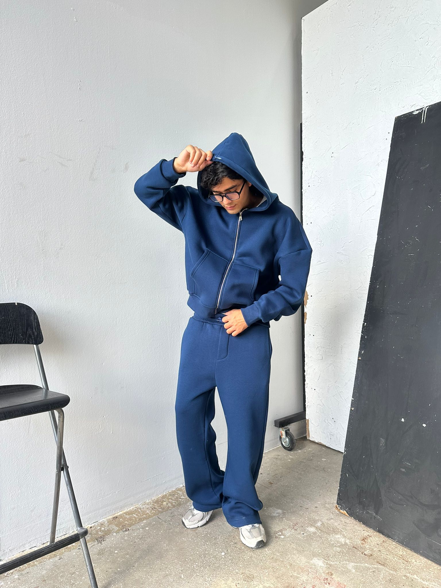 İndigo Mavisi Oversize Basic Zip Hoodie