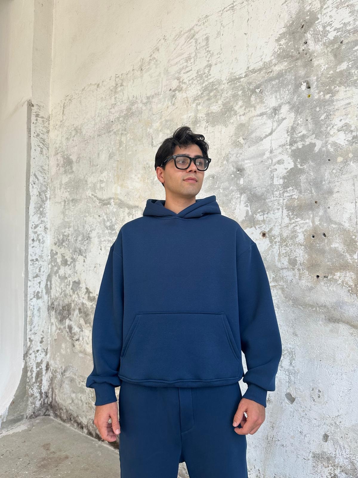İndigo Mavisi Oversize Basic Hoodie