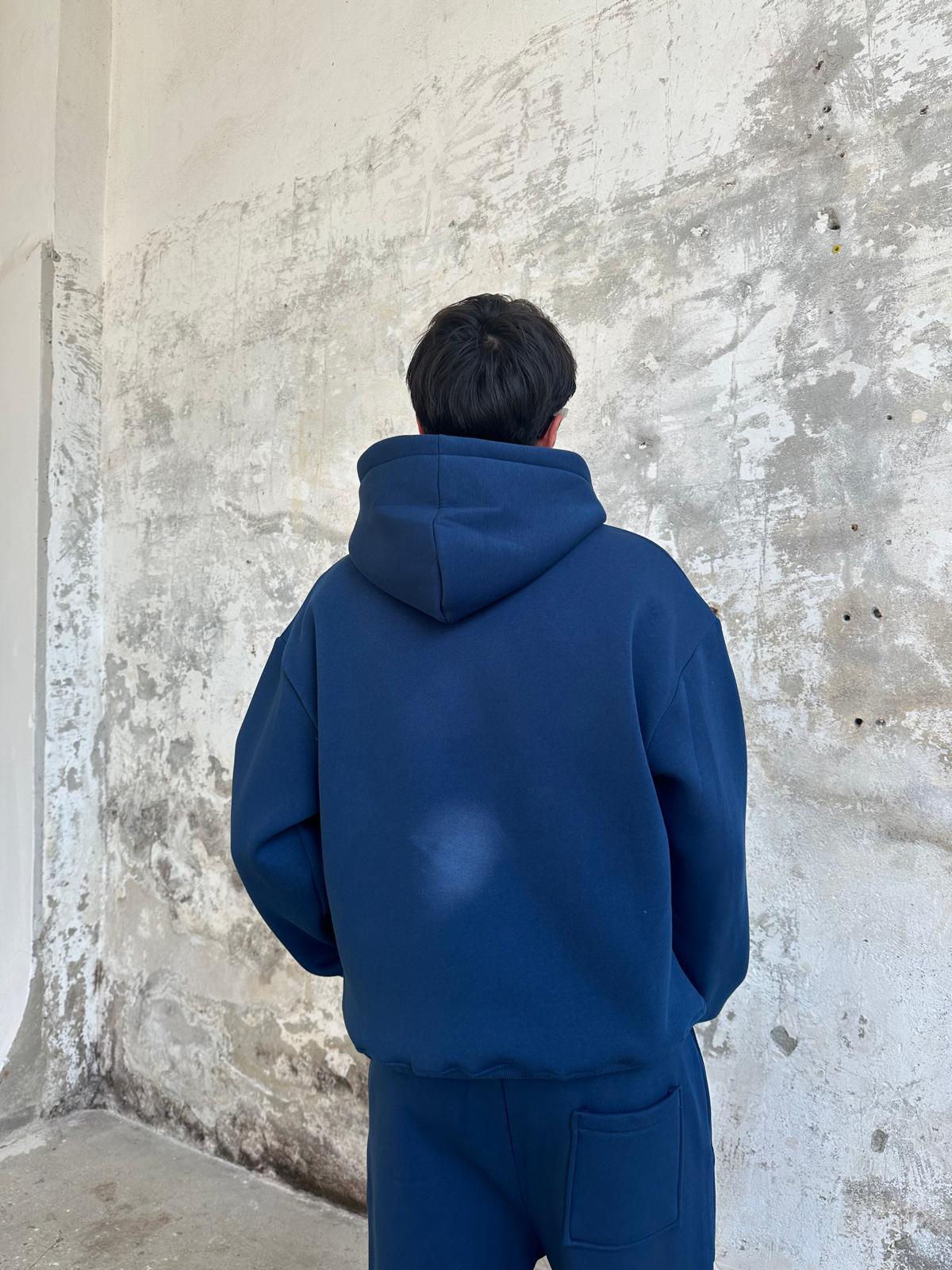 İndigo Mavisi Oversize Basic Hoodie