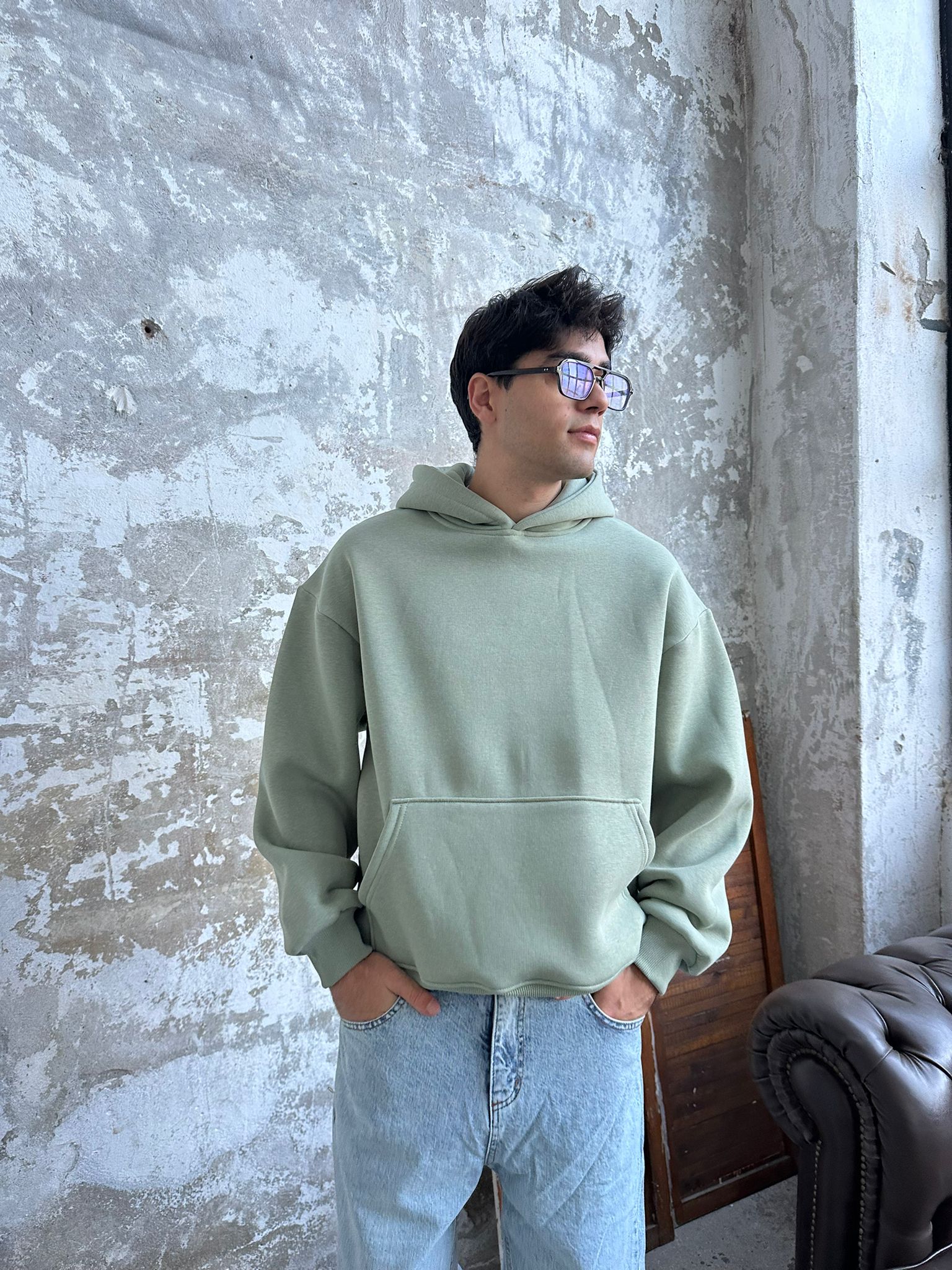 Su Yeşili Oversize Basic Hoodie