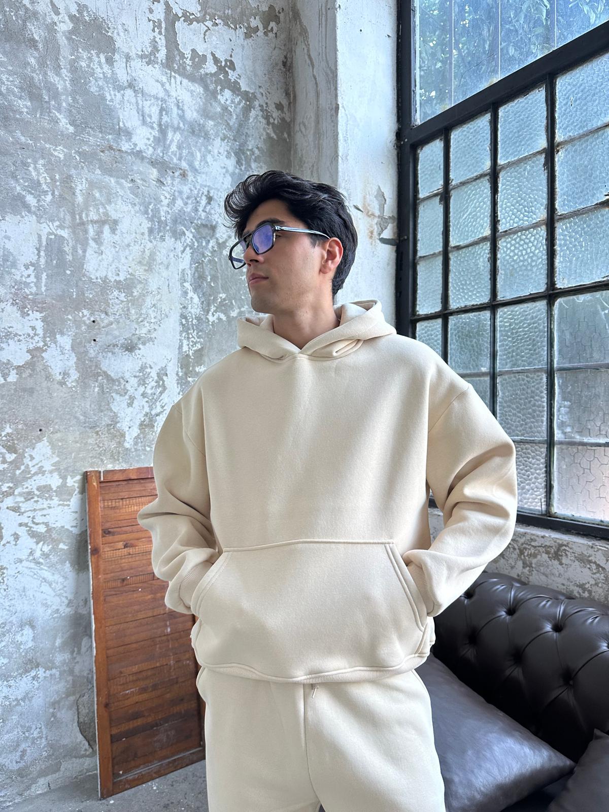 Bej Oversize Basic Hoodie