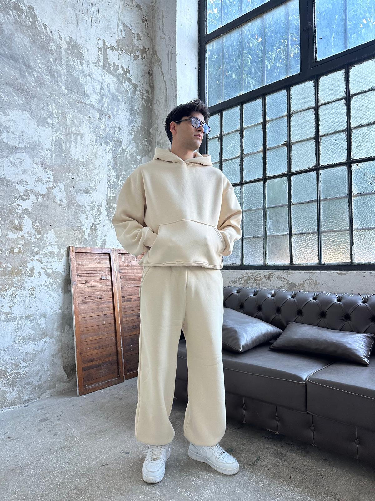 Bej Oversize Basic Hoodie