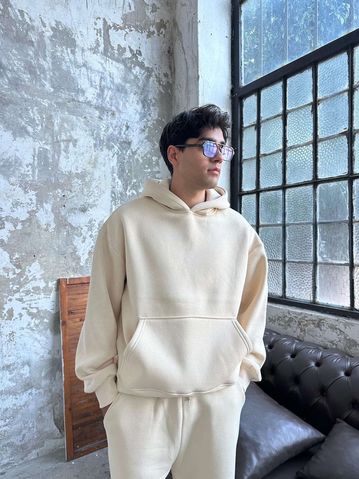 Bej Oversize Basic Hoodie