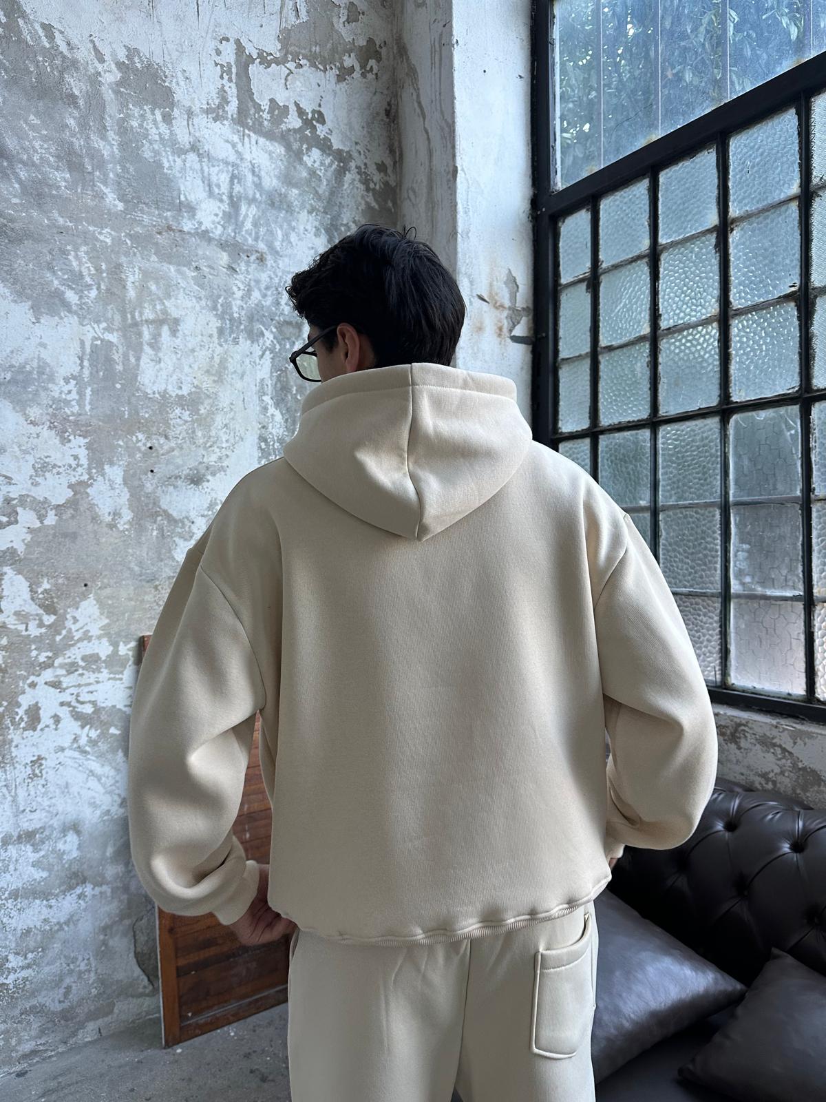 Bej Oversize Basic Hoodie