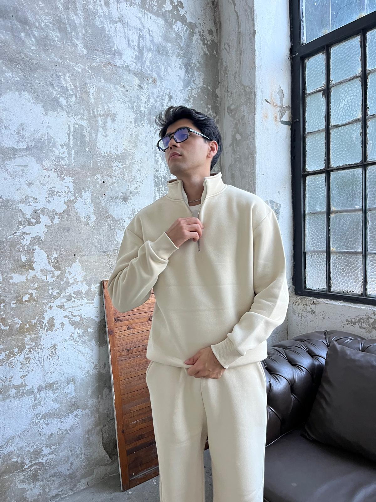 Bej Oversize Basic Half-Zip