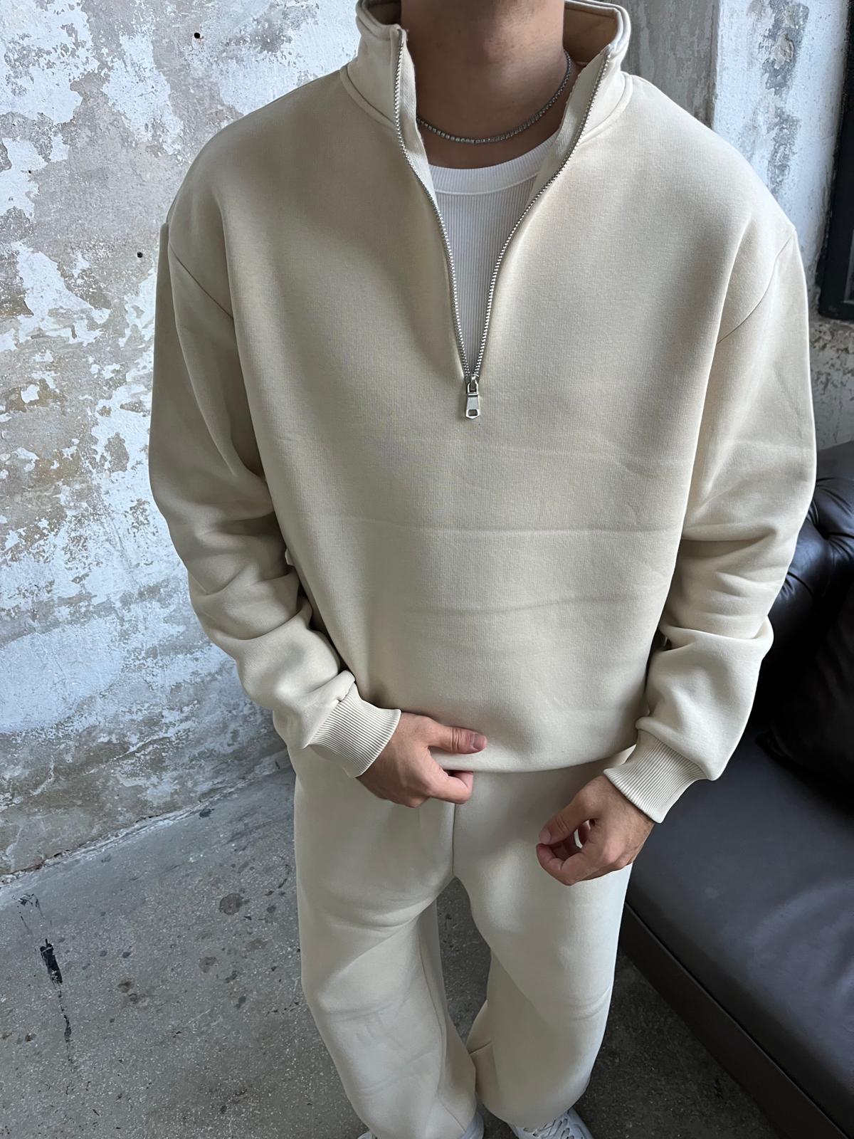 Bej Oversize Basic Half-Zip