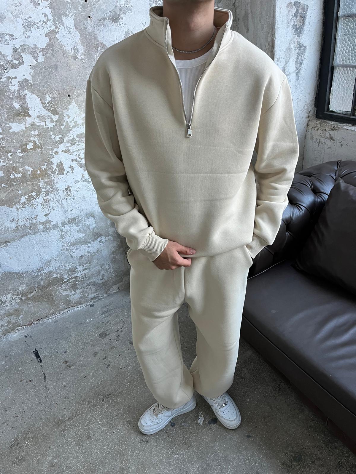 Bej Oversize Basic Half-Zip