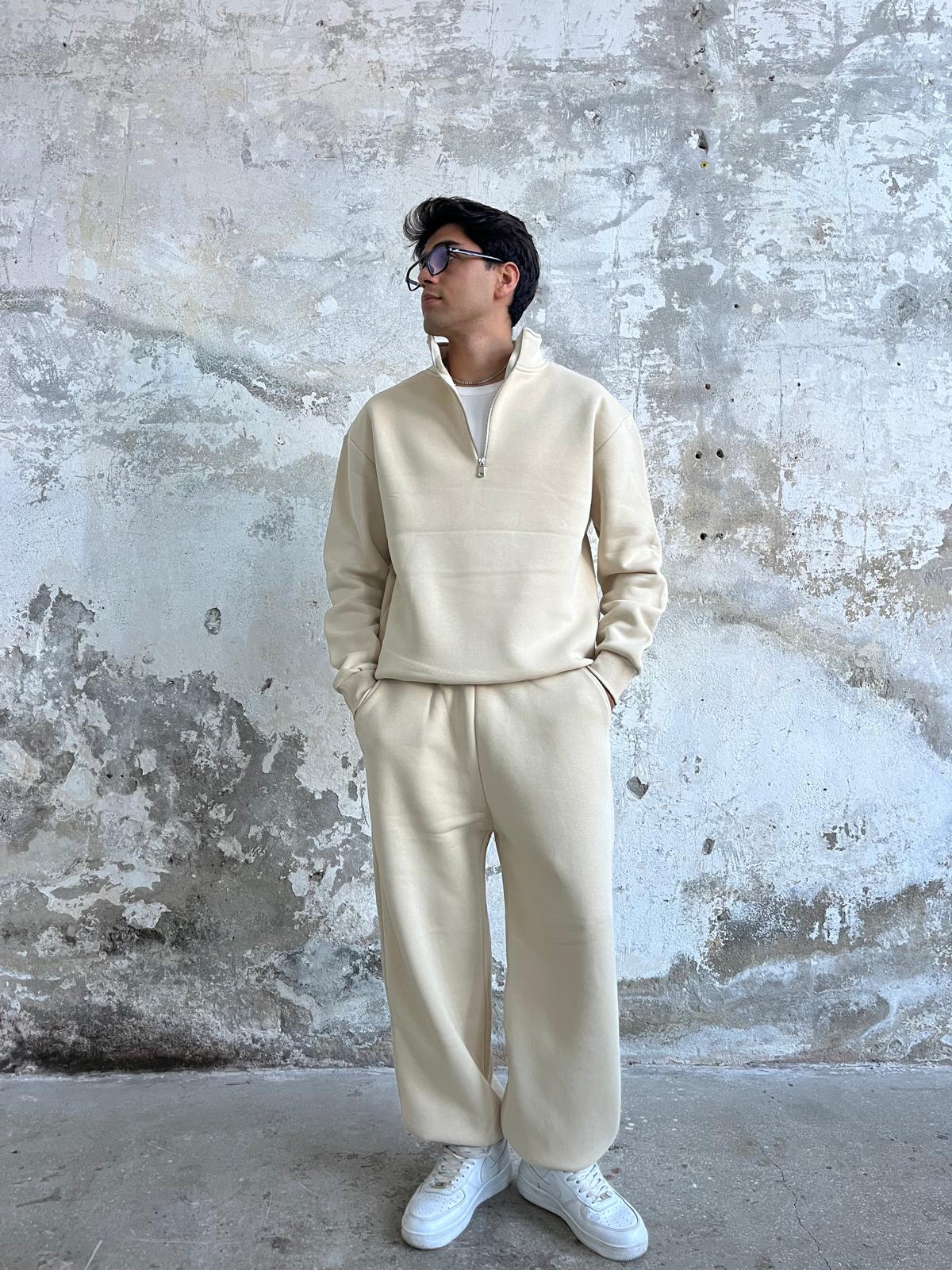 Bej Oversize Basic Half-Zip