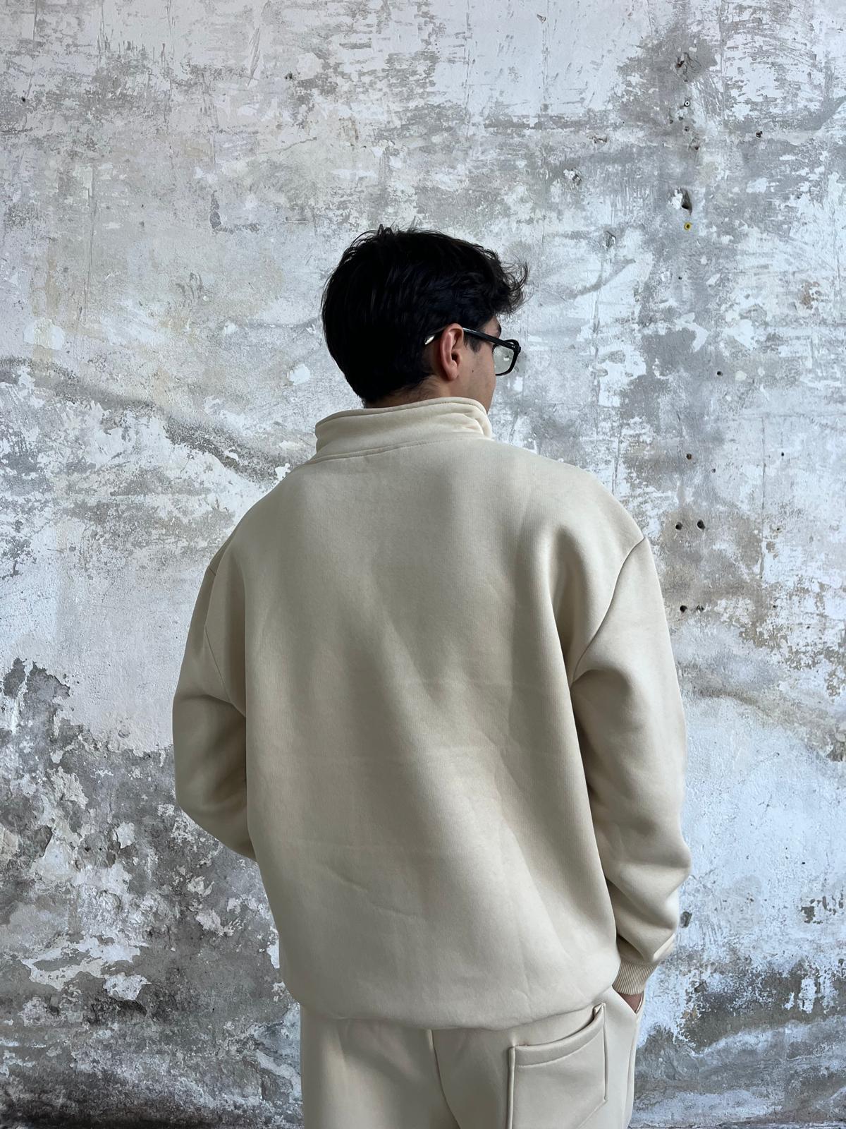 Bej Oversize Basic Half-Zip
