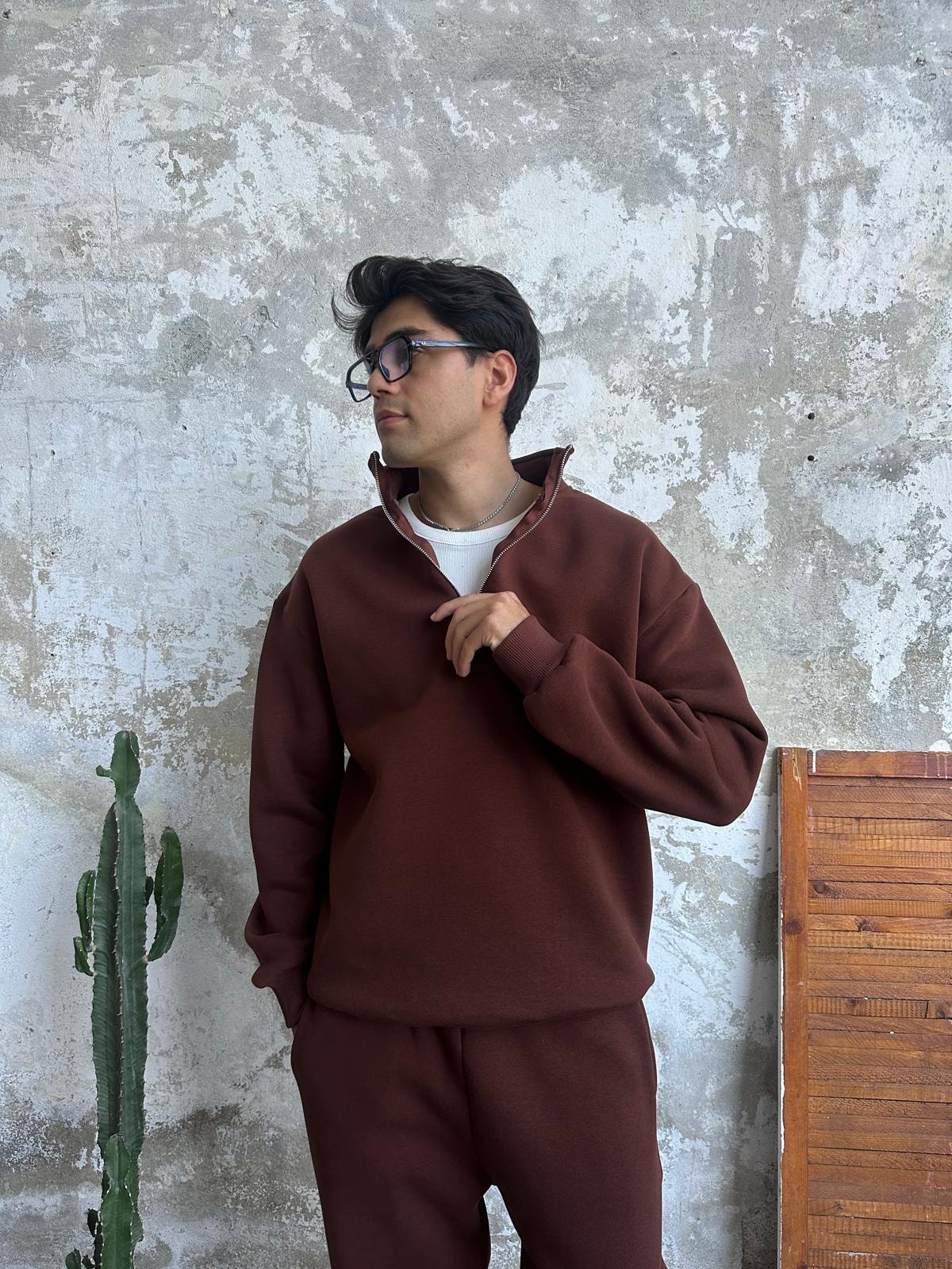 Acı Kahve Oversize Basic Half-Zip