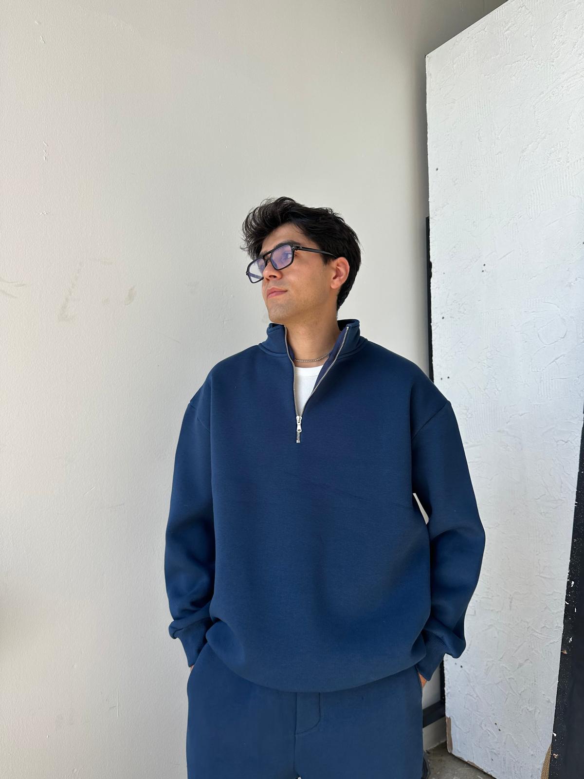 İndigo Mavisi Oversize Basic Half-Zip