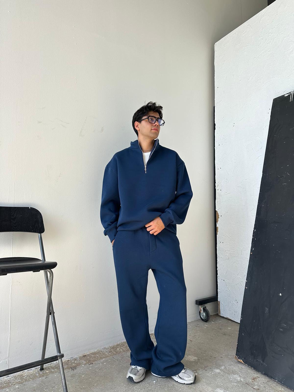 İndigo Mavisi Oversize Basic Half-Zip