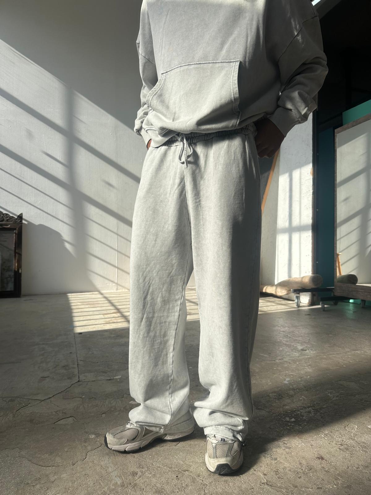 Washed Paçası Stoperli Baggy Eşofman - Gri Melanj