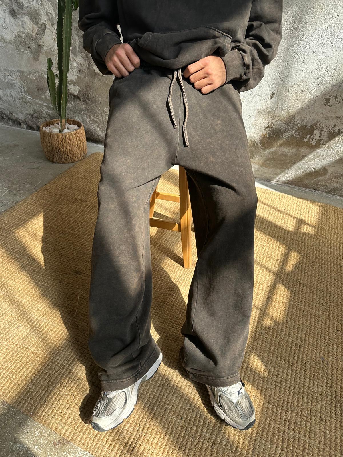 Washed Paçası Stoperli Baggy Eşofman - Kahve
