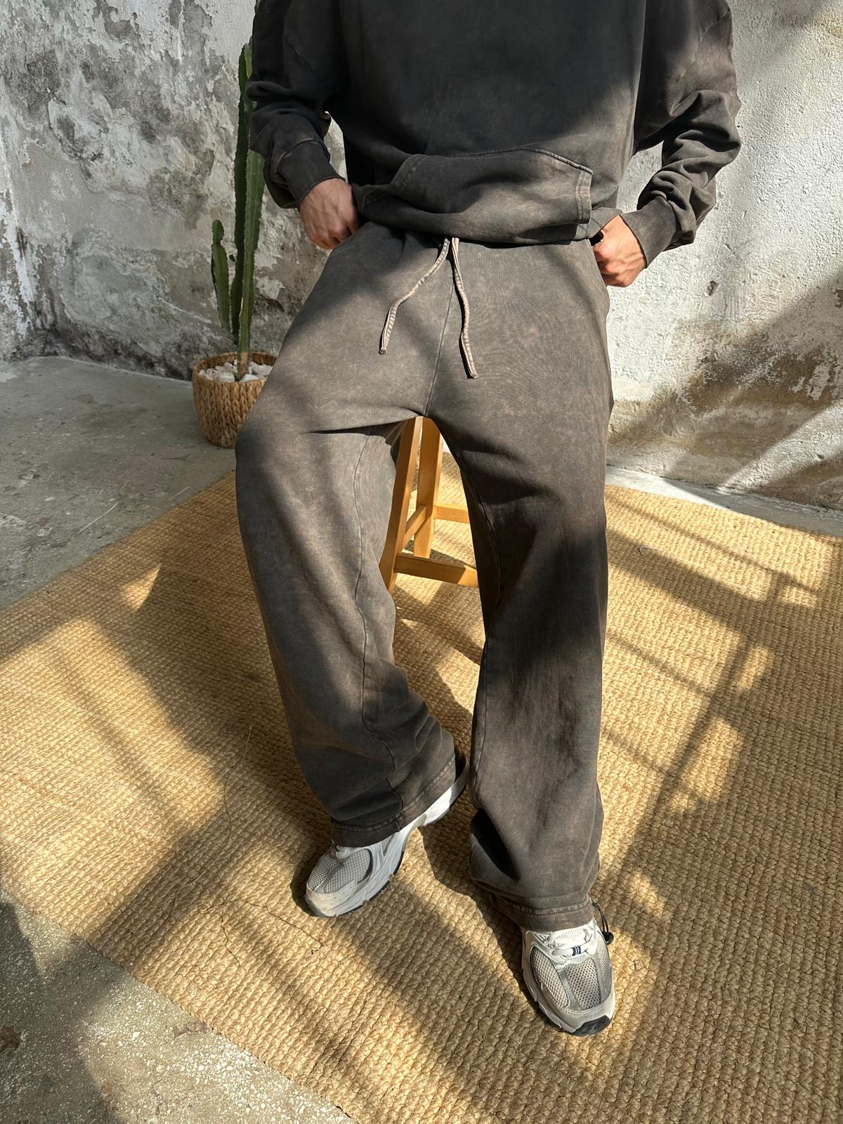 Washed Paçası Stoperli Baggy Eşofman - Kahve