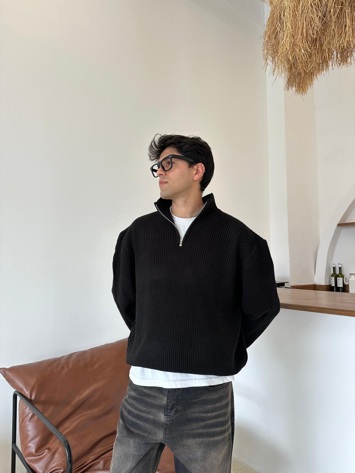 Triko Oversize Half-Zip - Siyah