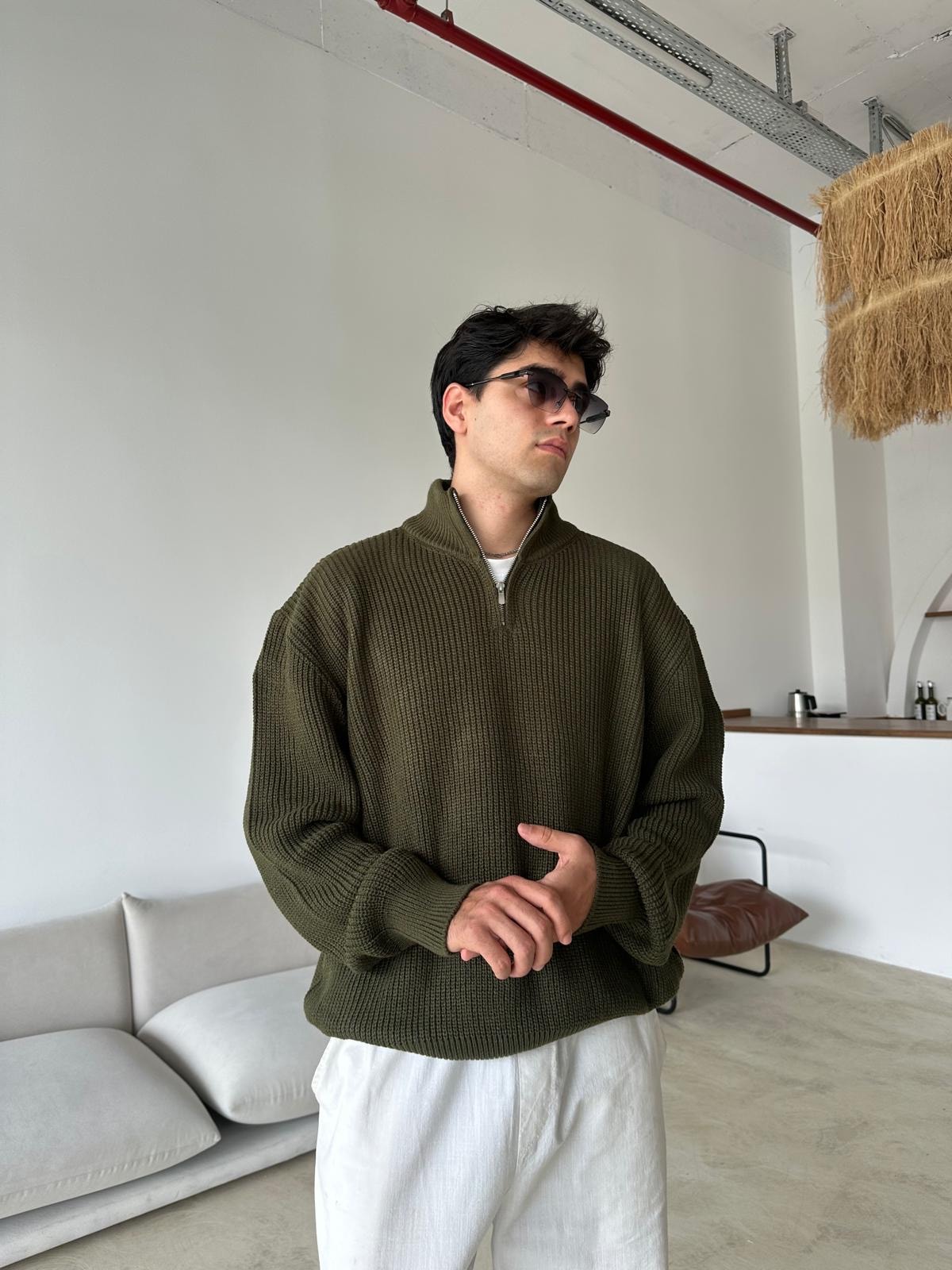 Triko Oversize Half-Zip - Haki Yeşili