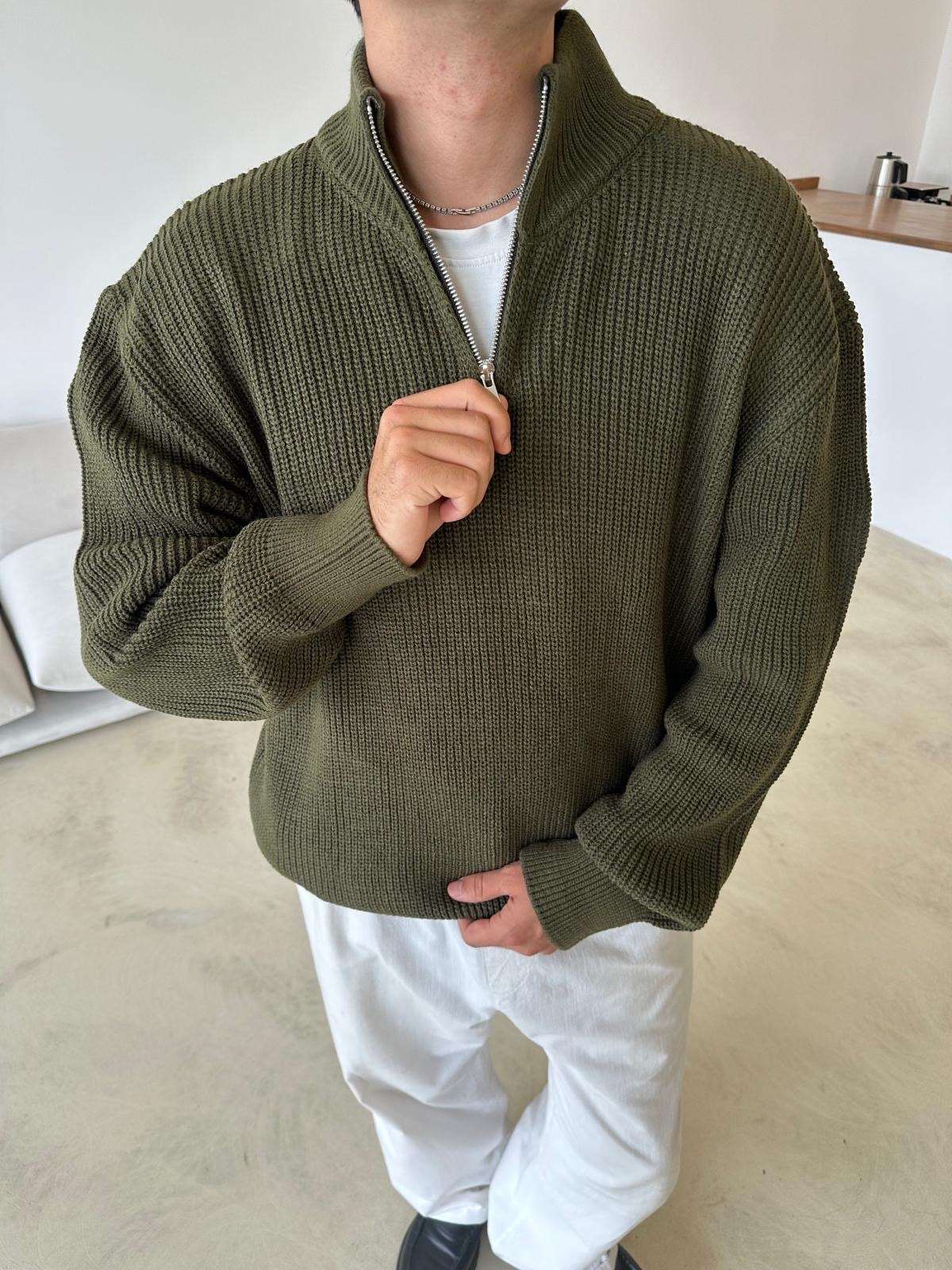 Triko Oversize Half-Zip - Haki Yeşili