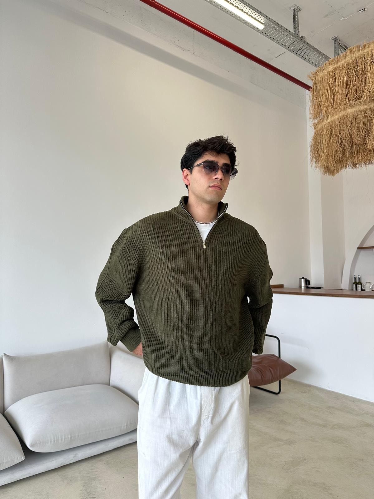 Triko Oversize Half-Zip - Haki Yeşili