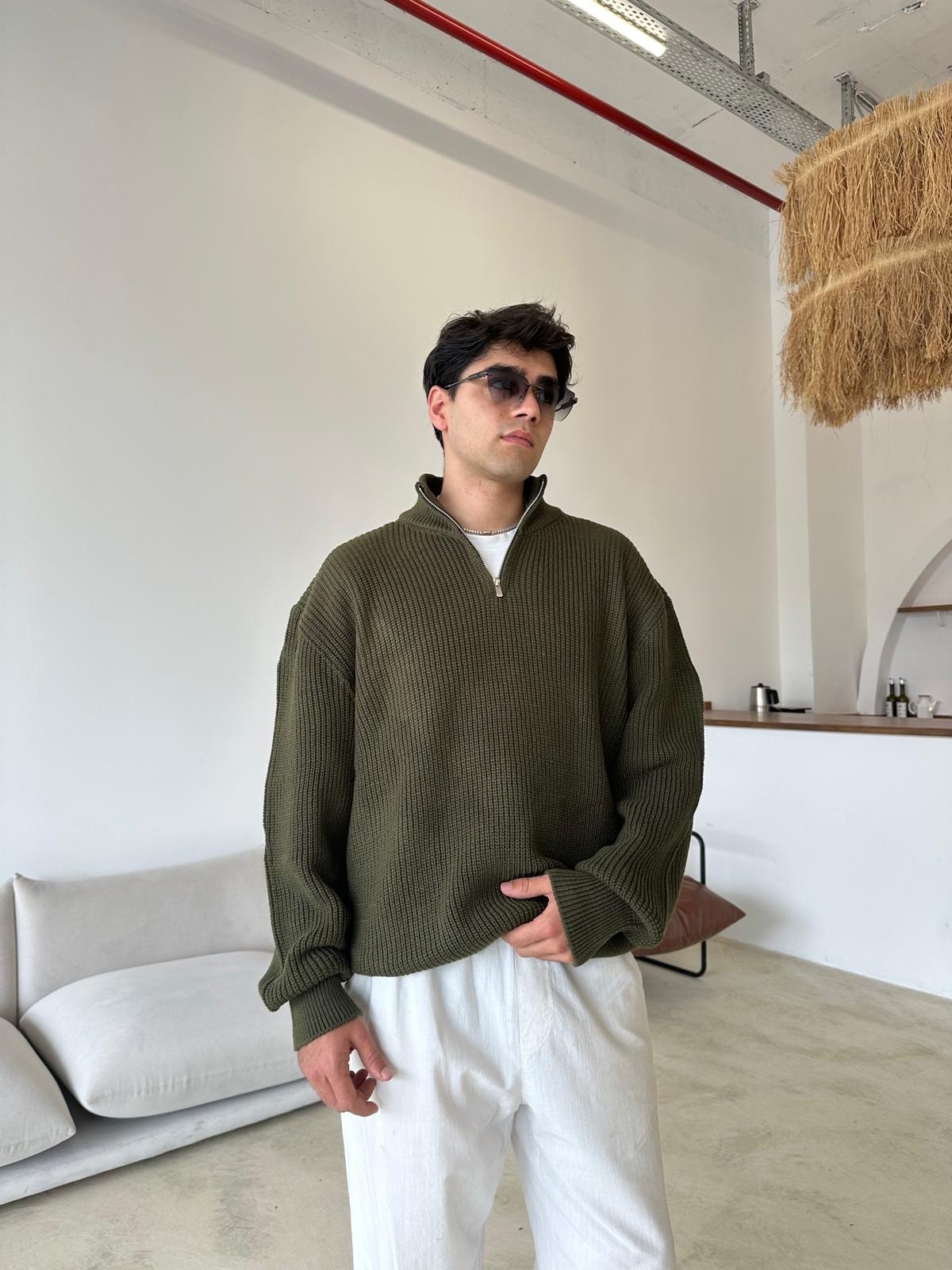 Triko Oversize Half-Zip - Haki Yeşili