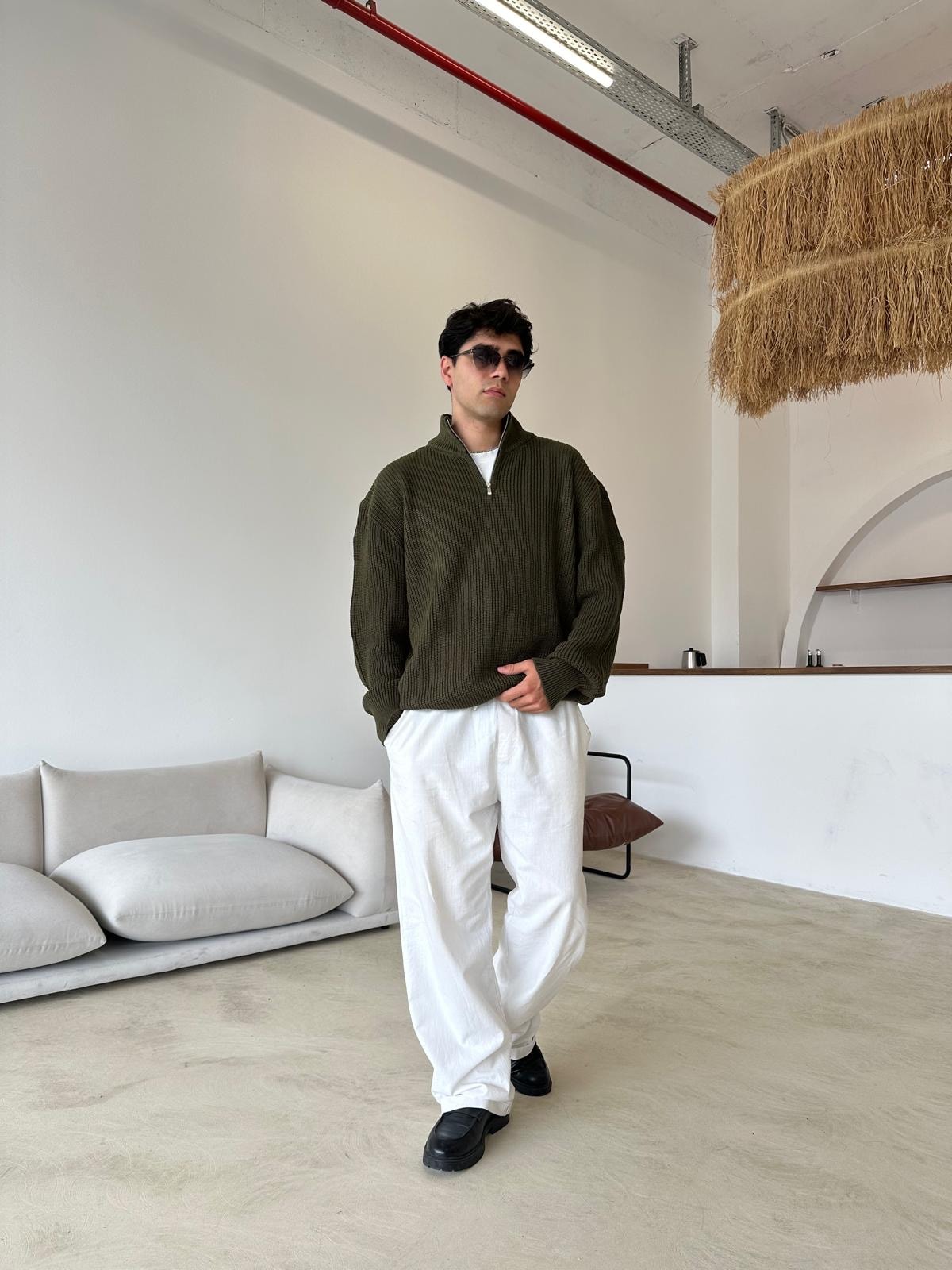 Triko Oversize Half-Zip - Haki Yeşili