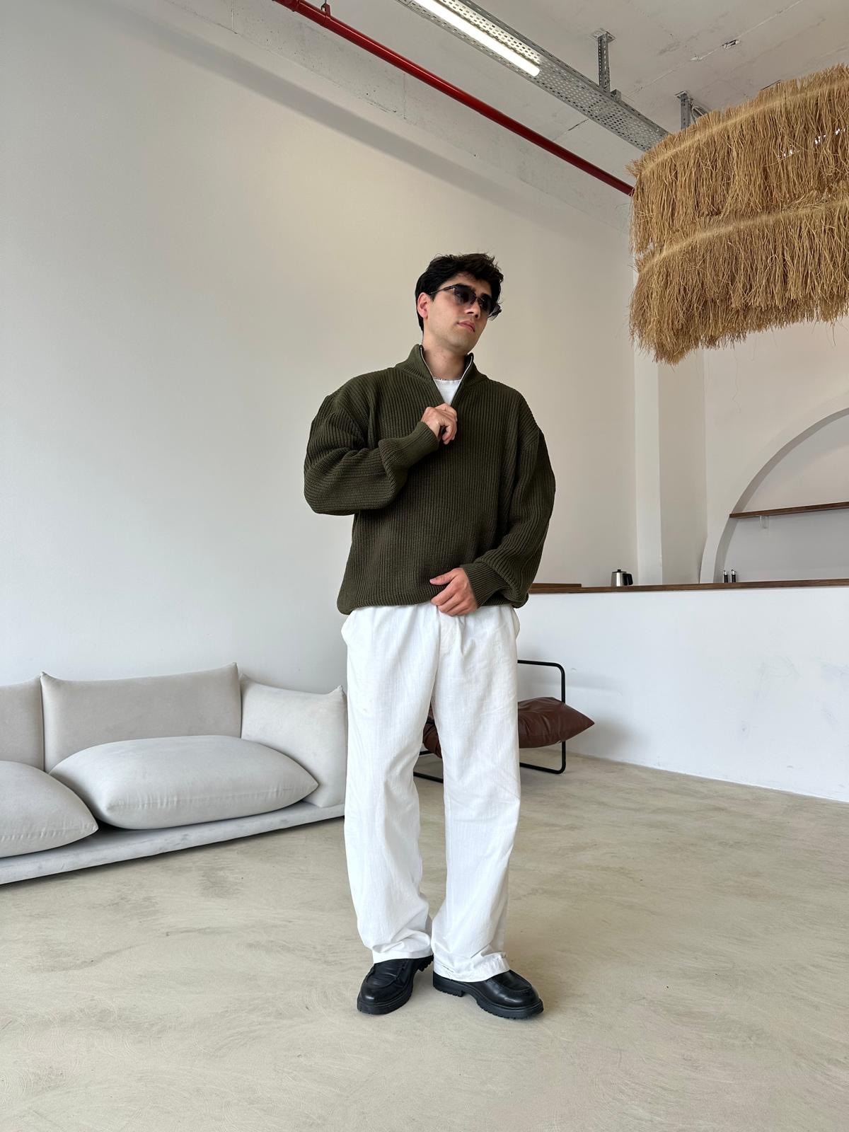 Triko Oversize Half-Zip - Haki Yeşili