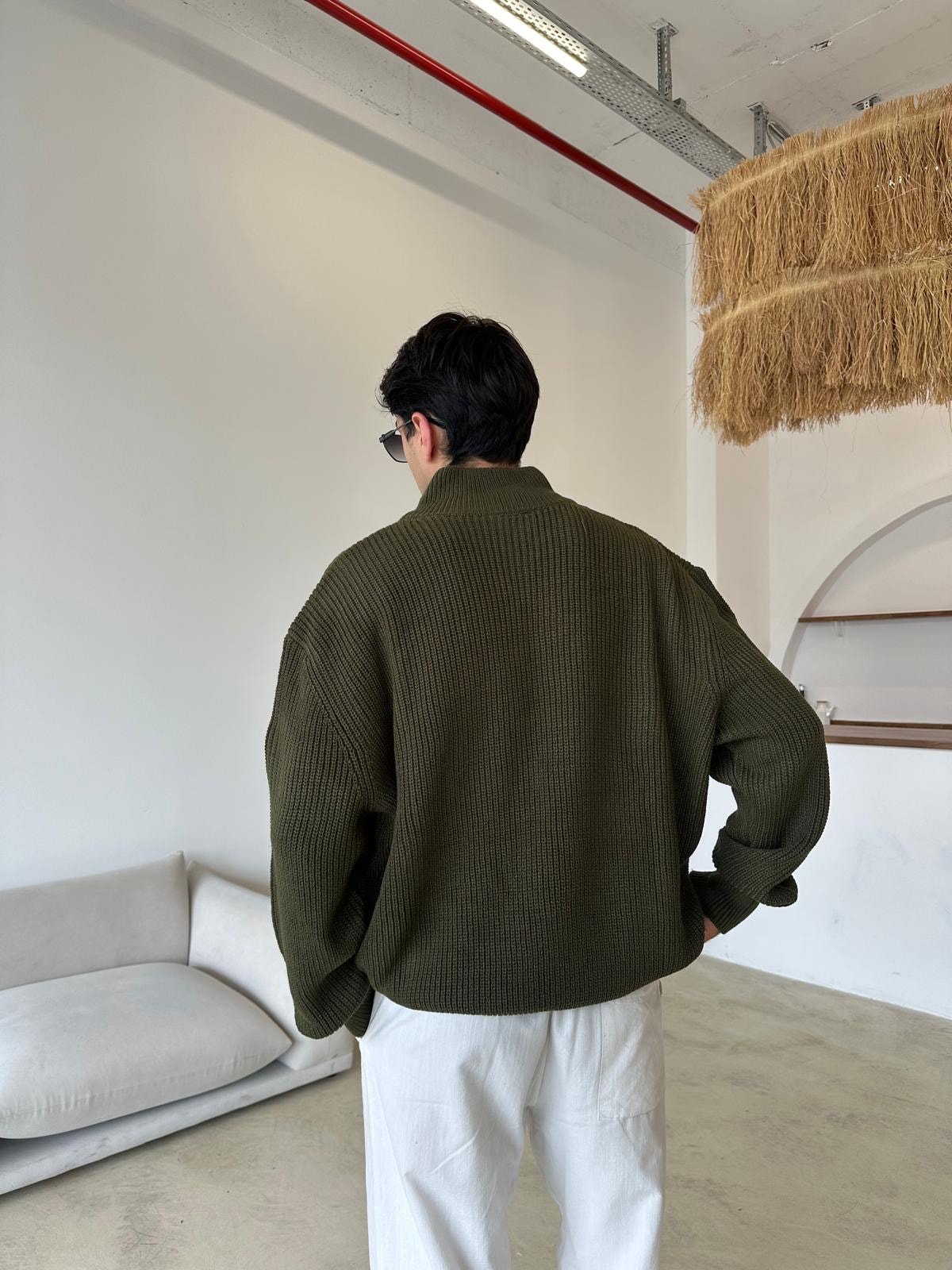 Triko Oversize Half-Zip - Haki Yeşili