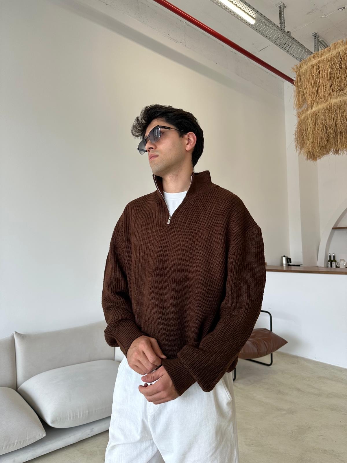 Triko Oversize Half-Zip - Kahve