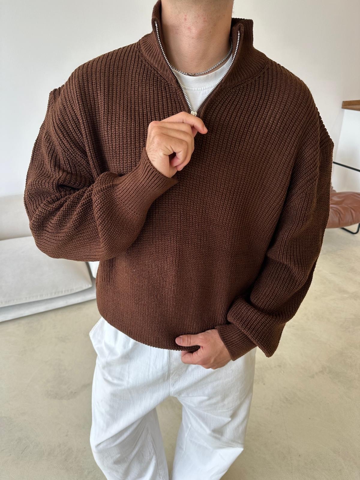 Triko Oversize Half-Zip - Kahve