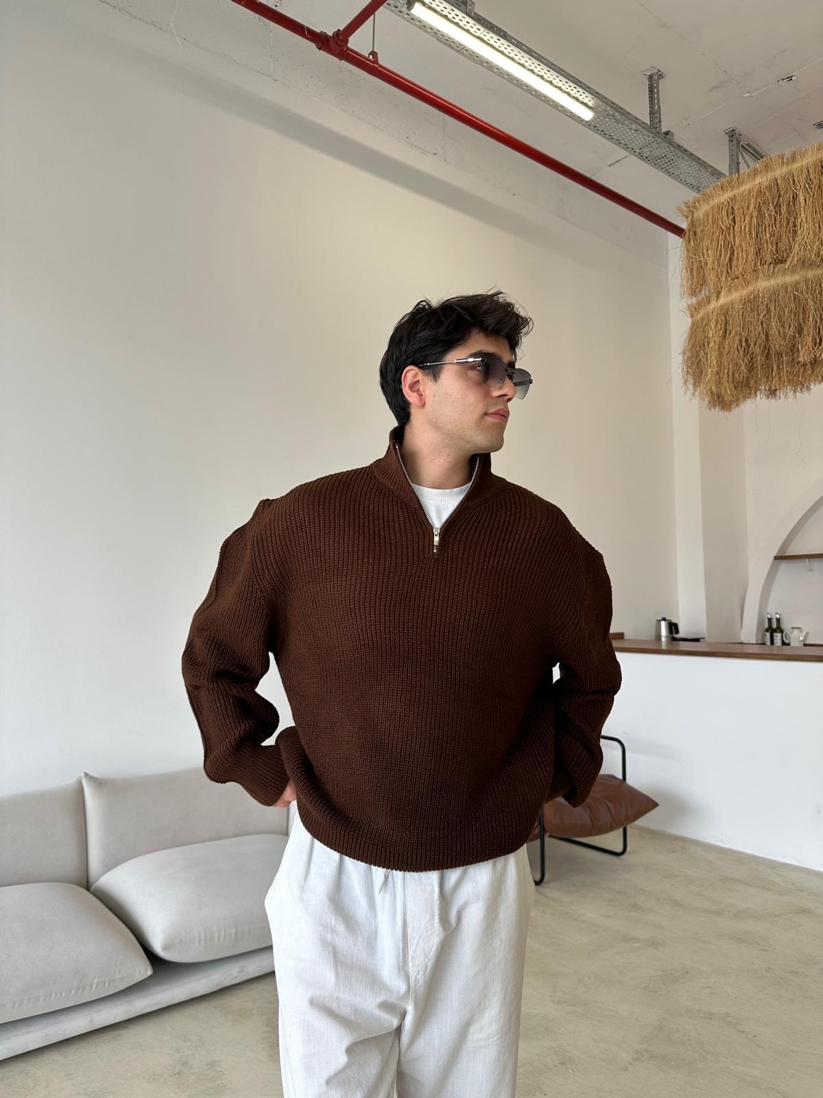 Triko Oversize Half-Zip - Kahve