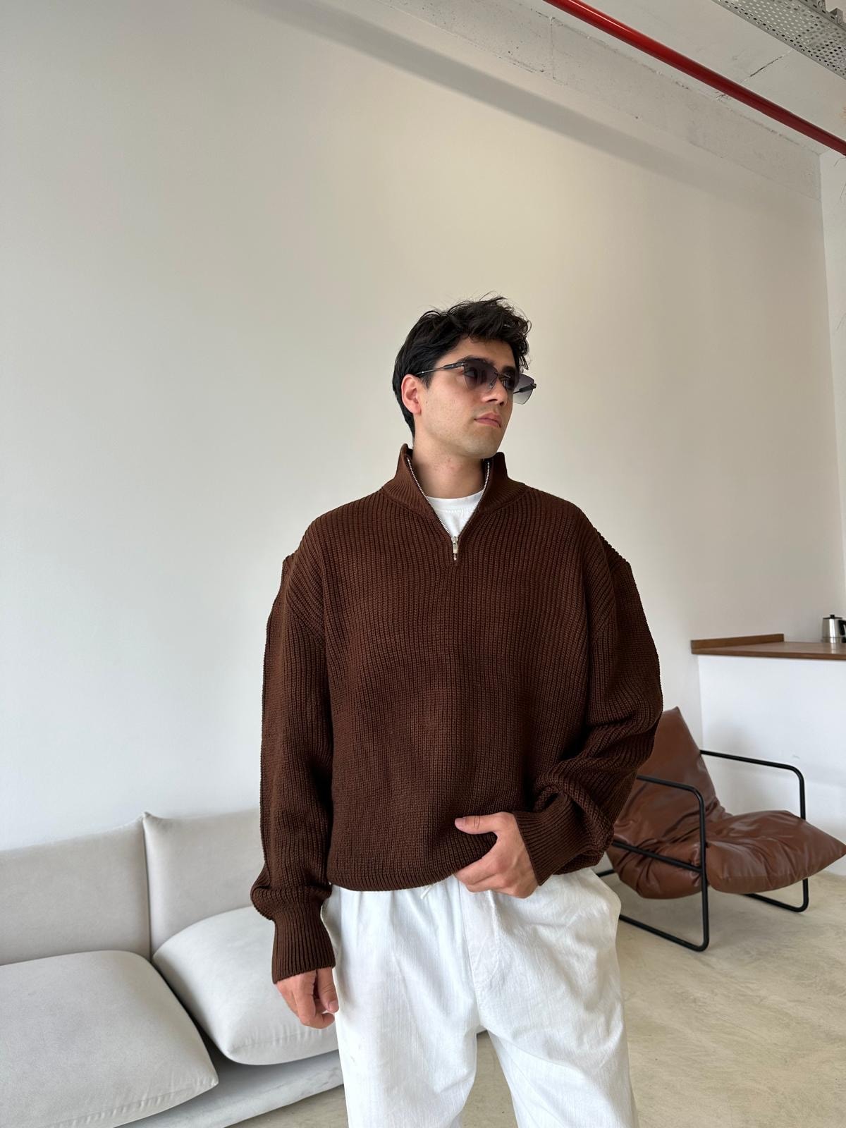 Triko Oversize Half-Zip - Kahve