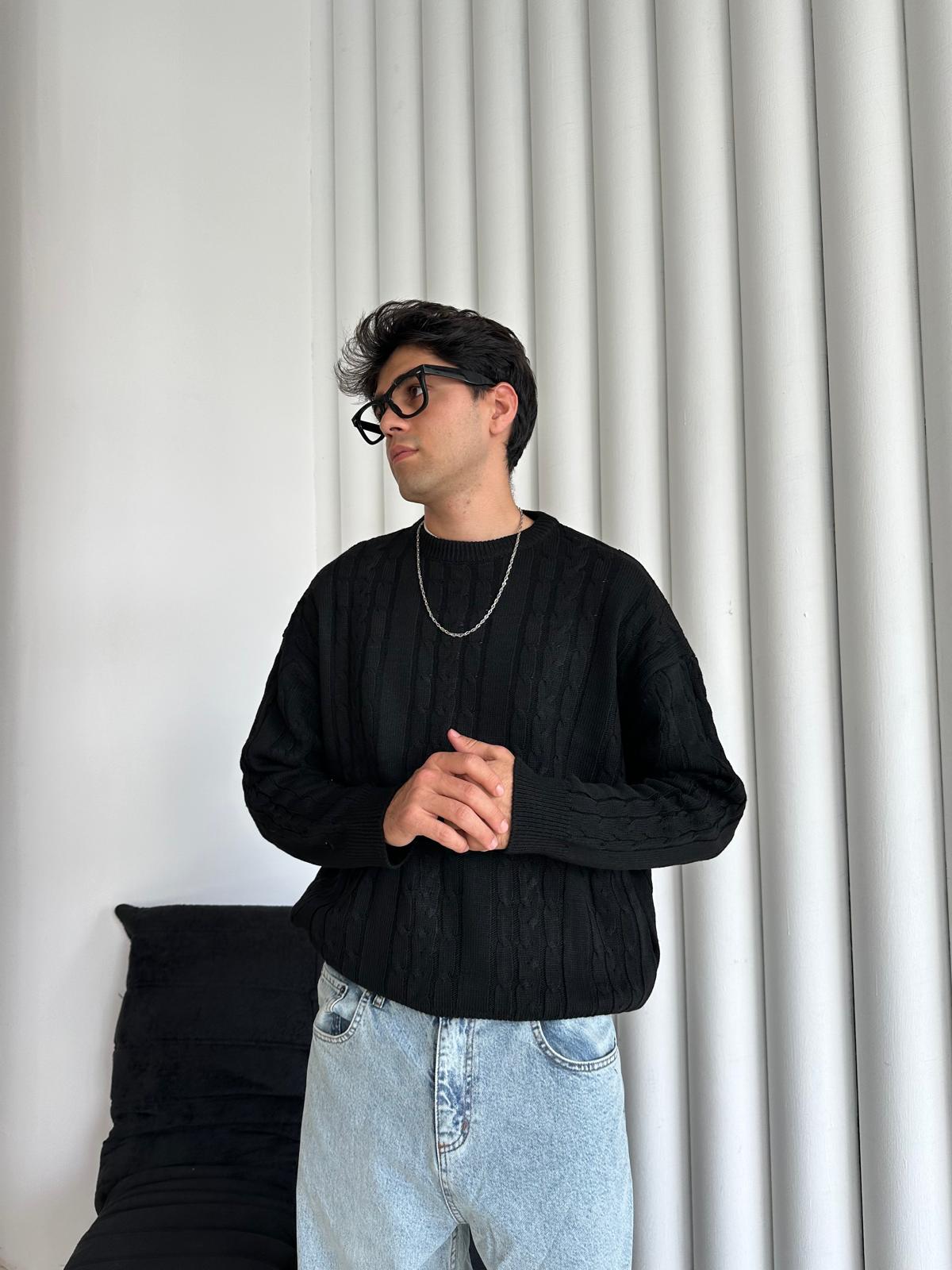 Kalın Saç Örgülü Triko Kazak - Siyah