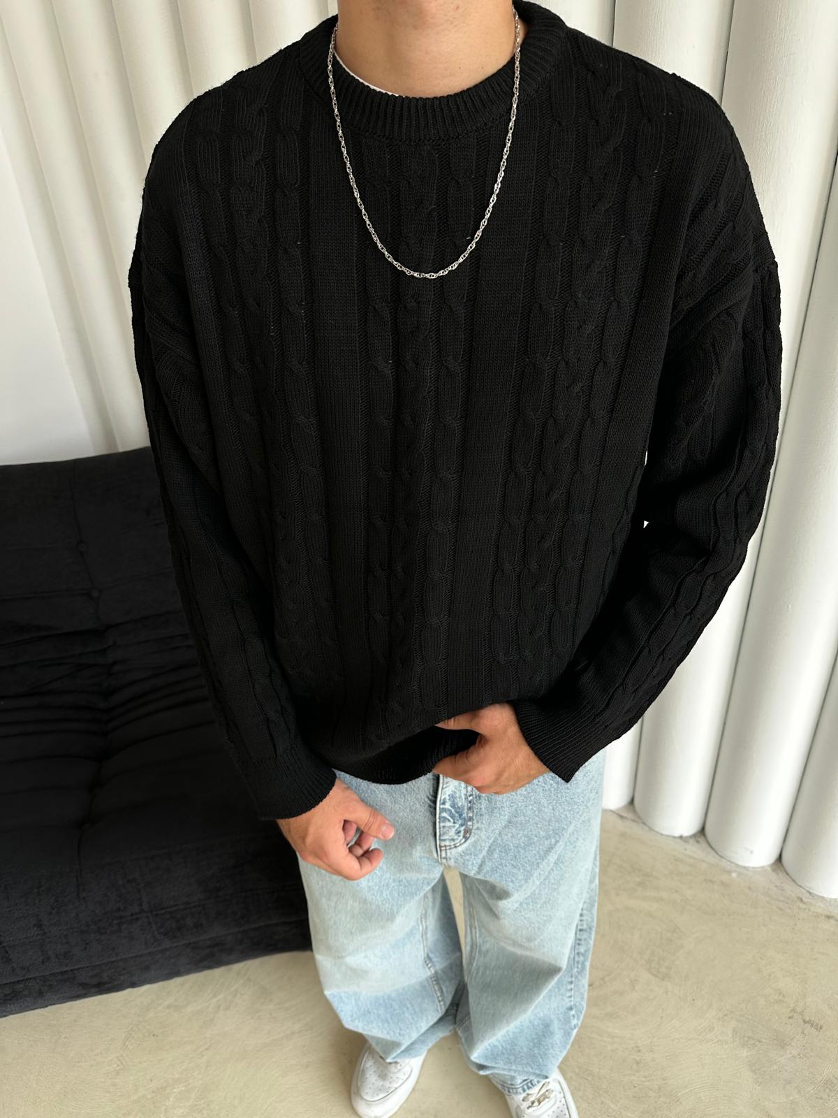 Kalın Saç Örgülü Triko Kazak - Siyah