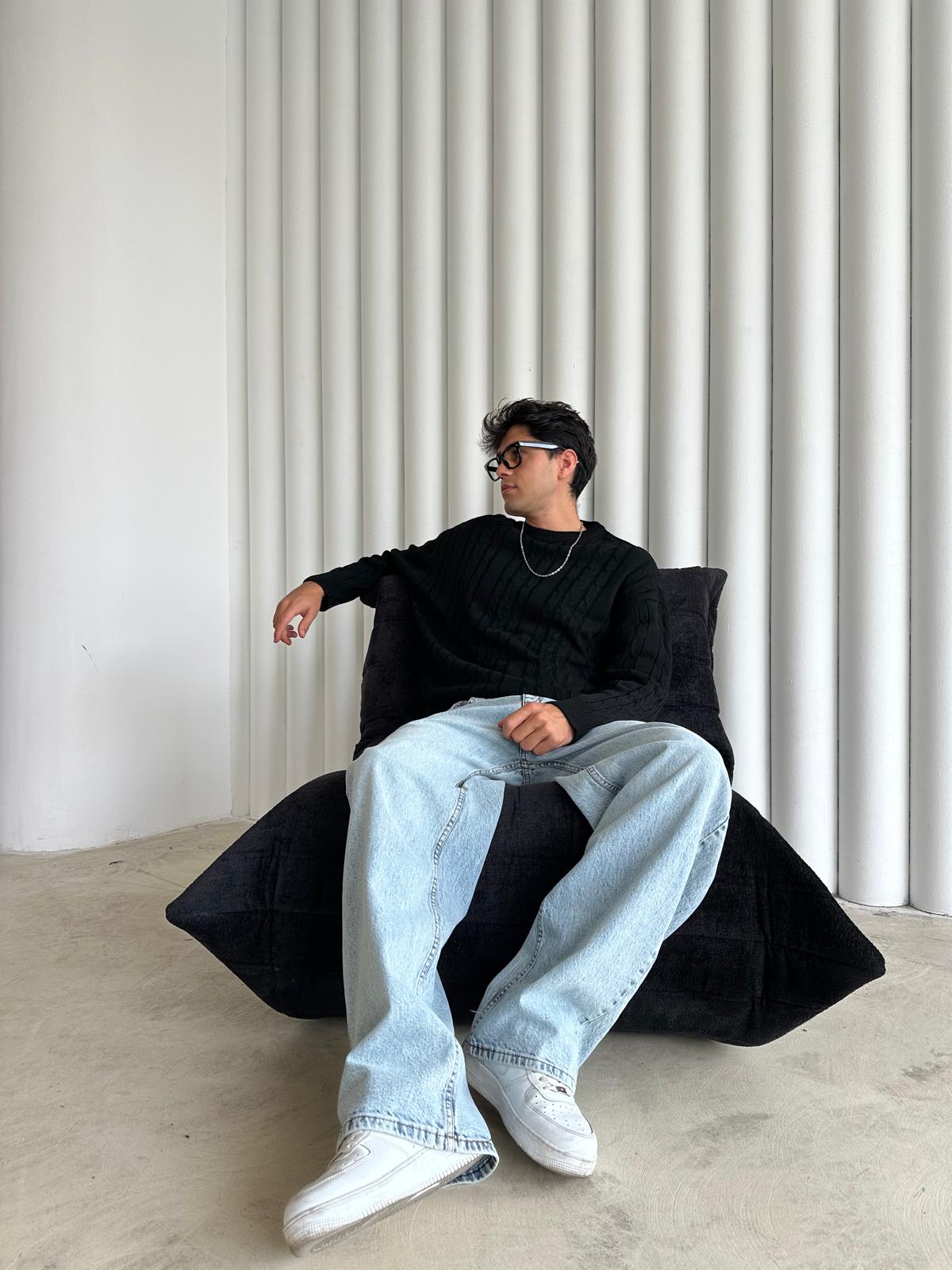 Kalın Saç Örgülü Triko Kazak - Siyah