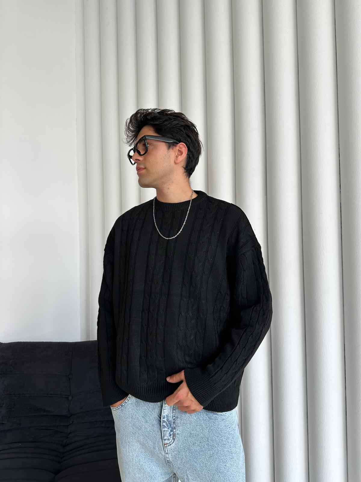 Kalın Saç Örgülü Triko Kazak - Siyah