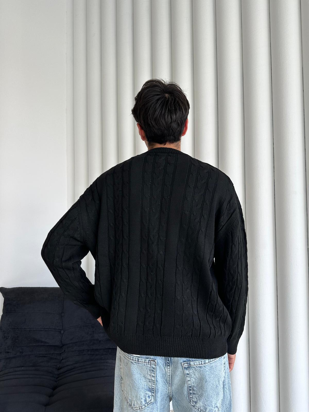 Kalın Saç Örgülü Triko Kazak - Siyah