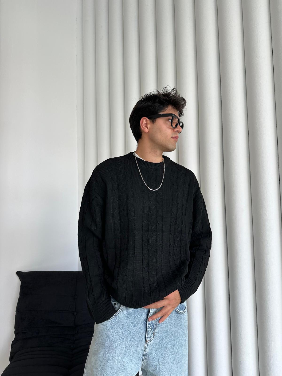 Kalın Saç Örgülü Triko Kazak - Siyah