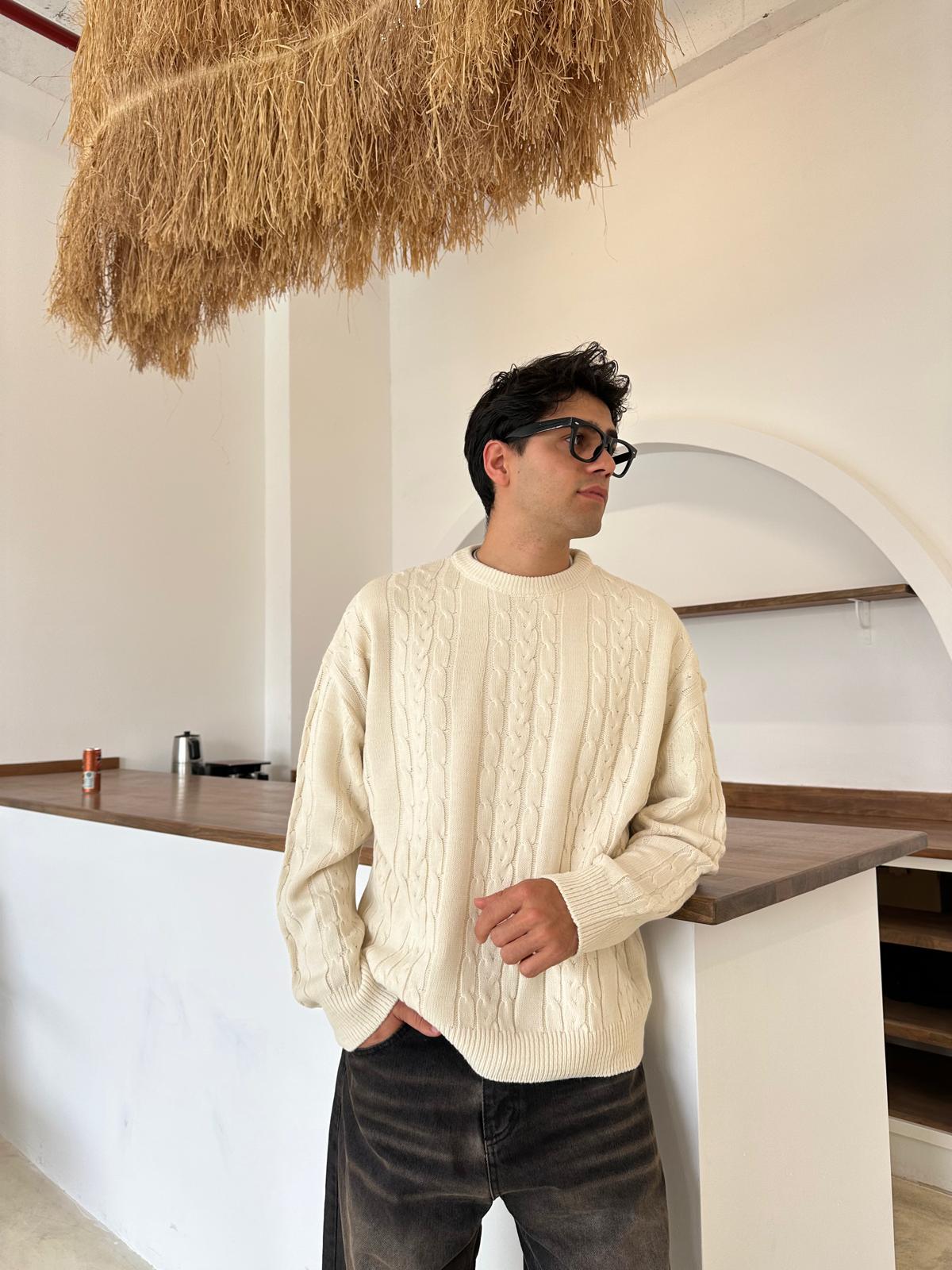 Kalın Saç Örgülü Triko Kazak - Bej