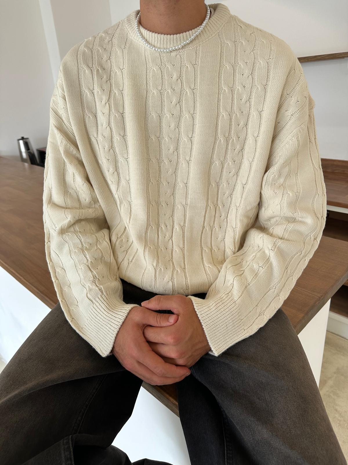 Kalın Saç Örgülü Triko Kazak - Bej