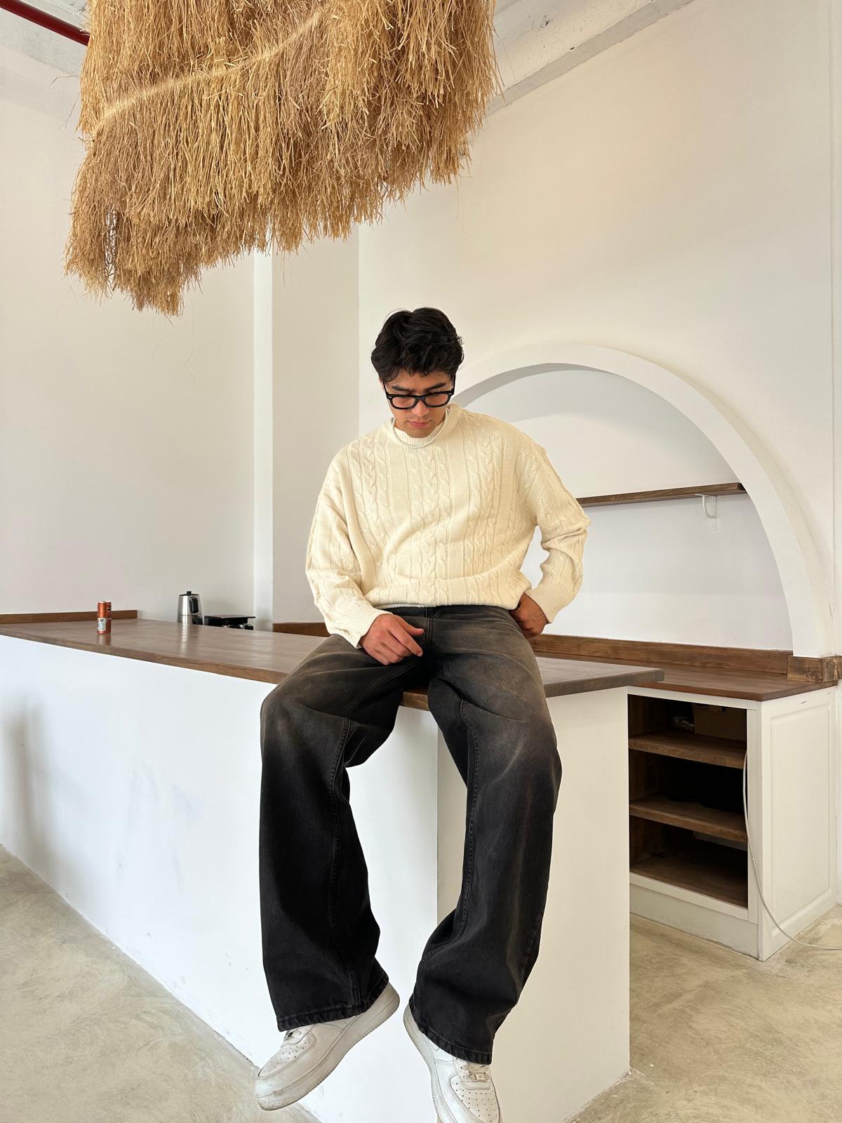 Kalın Saç Örgülü Triko Kazak - Bej