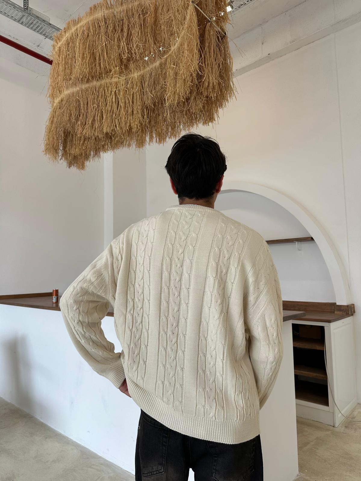 Kalın Saç Örgülü Triko Kazak - Bej