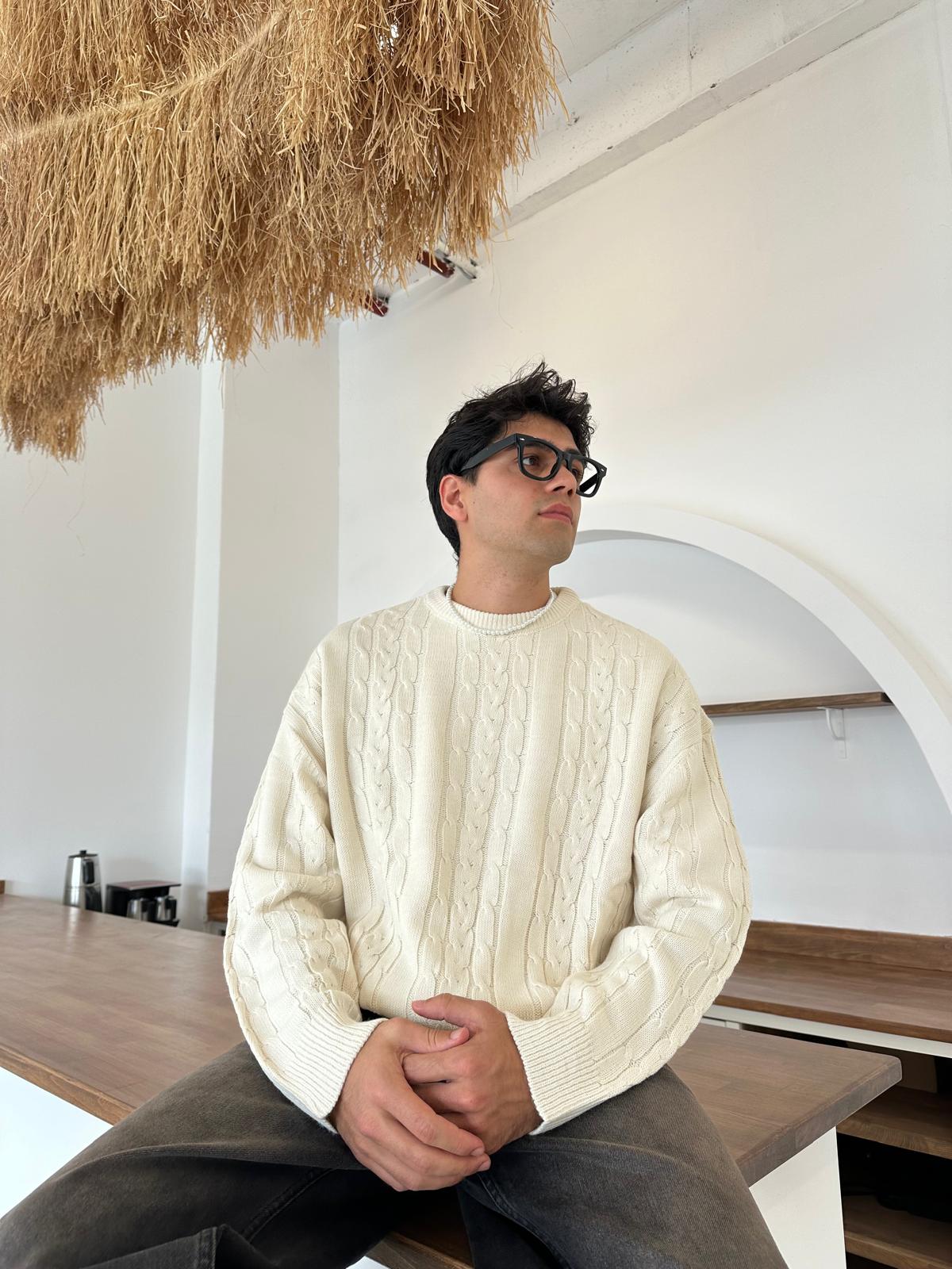 Kalın Saç Örgülü Triko Kazak - Bej