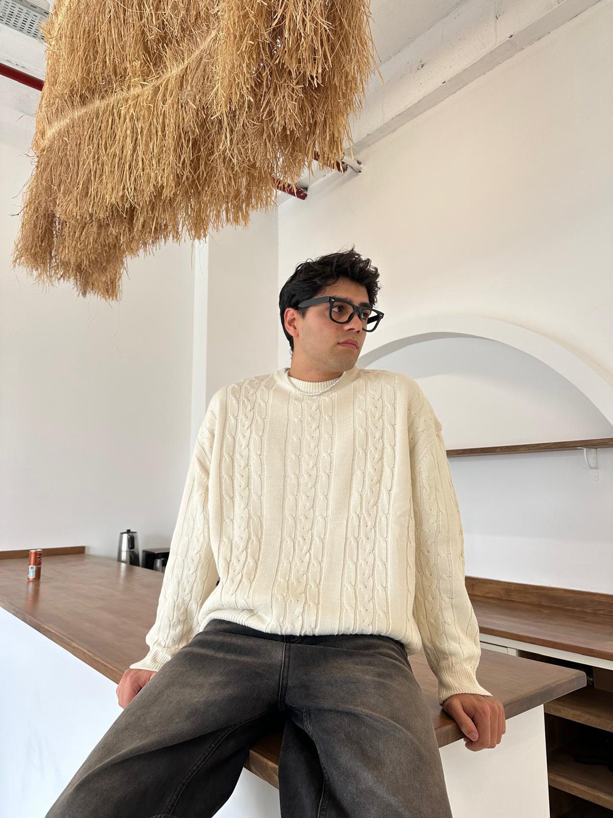 Kalın Saç Örgülü Triko Kazak - Bej