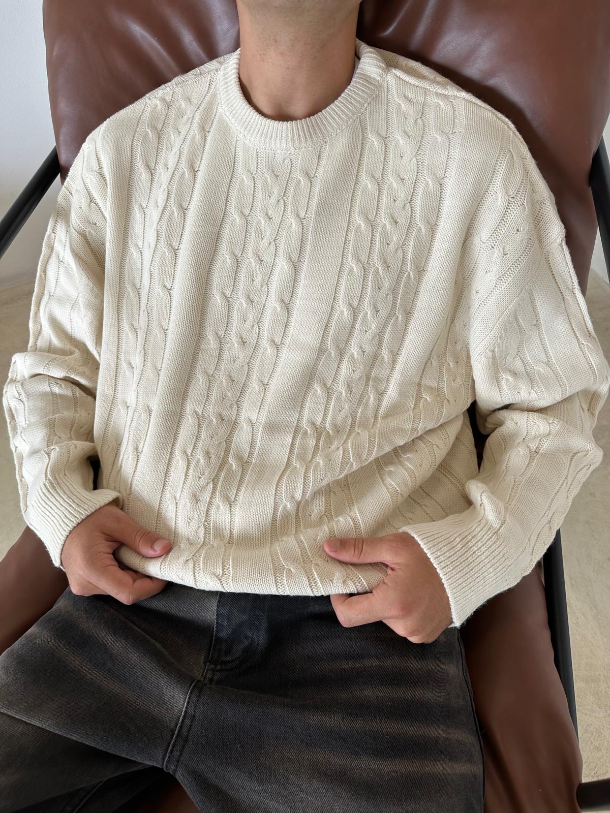 Kalın Saç Örgülü Triko Kazak - Bej