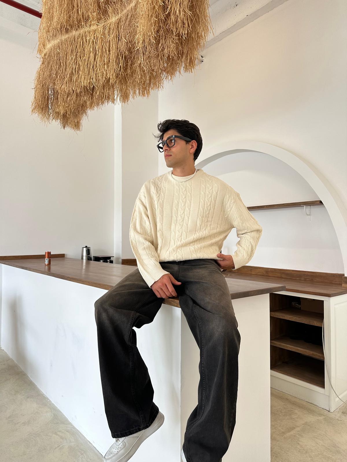 Kalın Saç Örgülü Triko Kazak - Bej