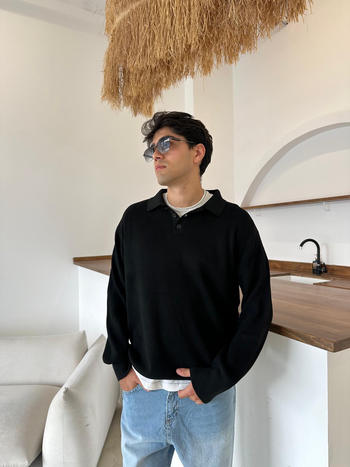 Yaka Düğmeli Triko Sweatshirt - Siyah